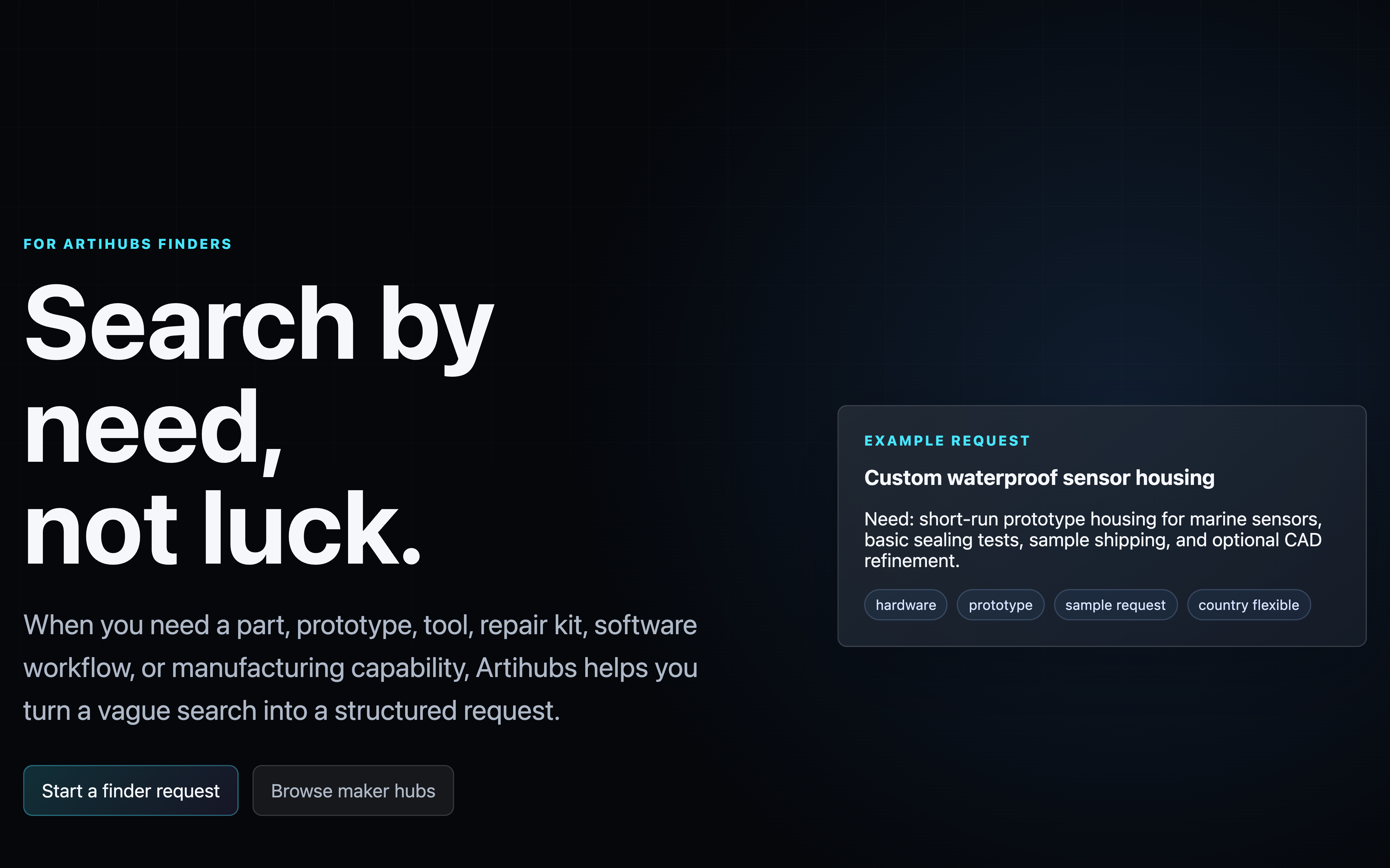 Artihubs Finder skill-tag search surfacing Maker profiles by capability.